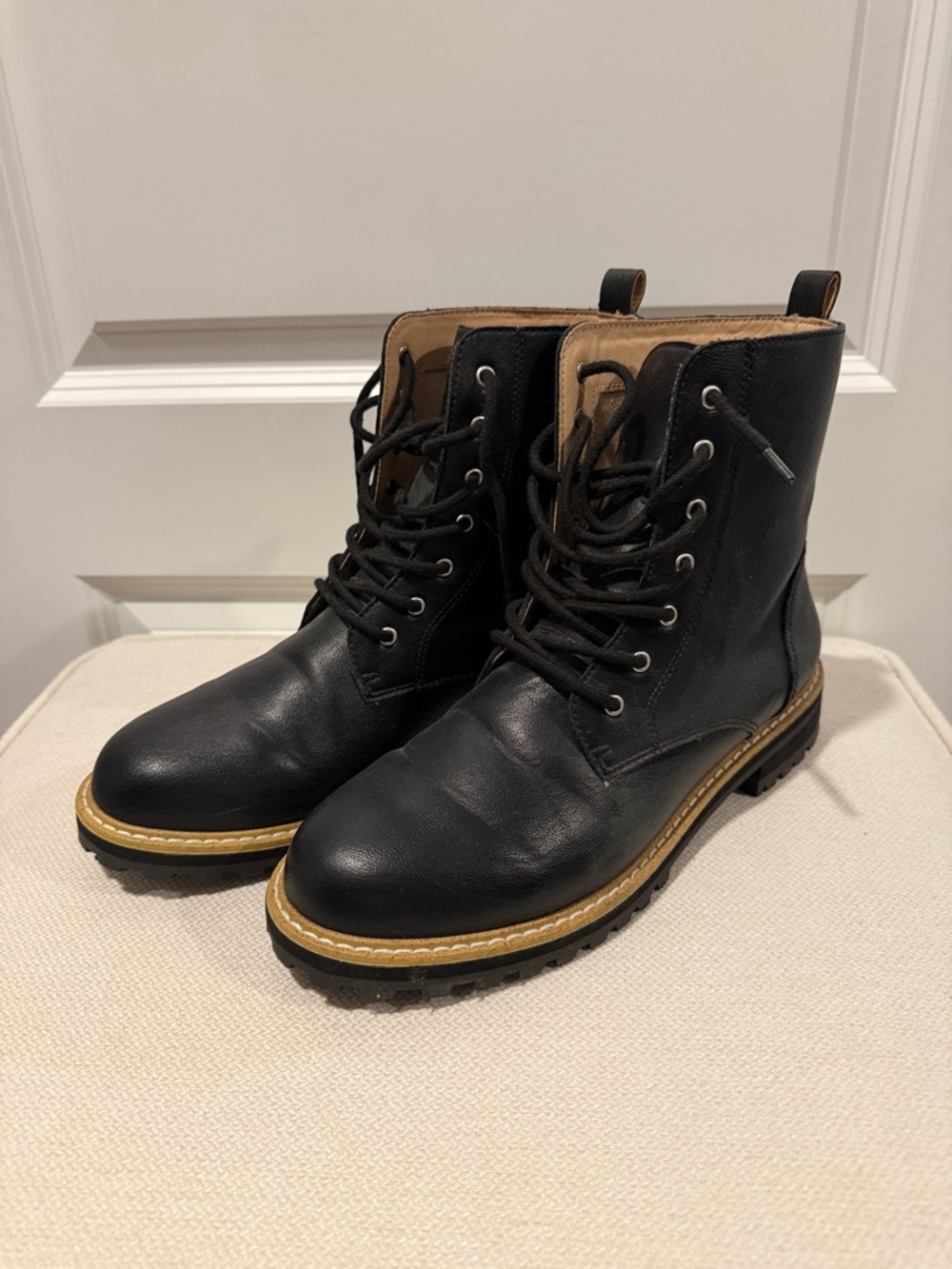 Black Lace-Up Women's Leather Boots with Contrast Welt
